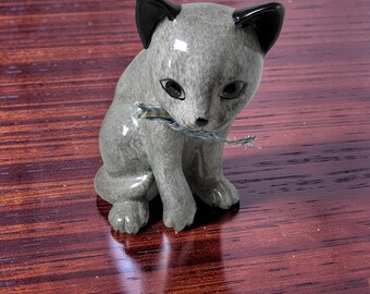 Vintage 1980s Enesco Handpainted Porcelain Cat Figurine – Gingham Bow Detail