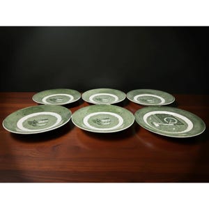 Può includere: Sei piatti decorativi verdi e bianchi con un disegno centrale. I piatti hanno un bordo verde, un cerchio interno bianco e un'illustrazione dettagliata. Sono disposti su una superficie di legno.