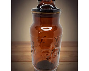 Vintage 1974 Owen Illinois Honey Brown Apothecary Jar Fleur de Lis Pattern.
