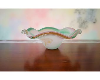 Vintage 1980s Hand Blown Art Glass Bowl, Colorful Swirl Design
