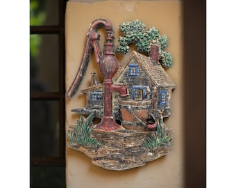 Vintage 1976 Sexton Hoda Metal Wall Plaque with water pump, Farmhouse, flowers, and trees