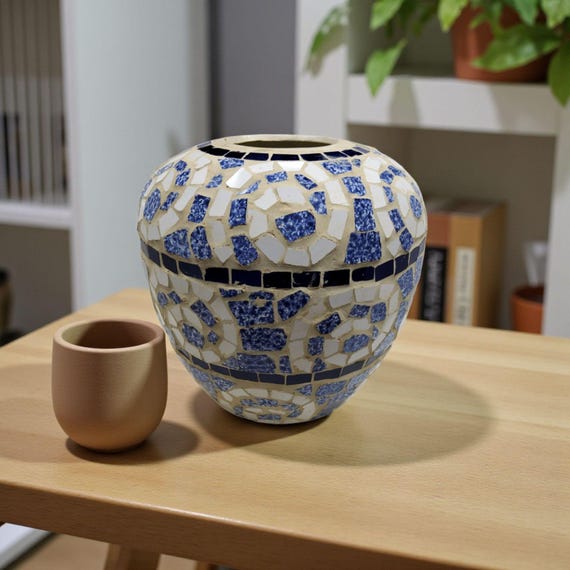 1980年代のヴィンテージモザイク渦巻き模様の青と白のタイルの大きな