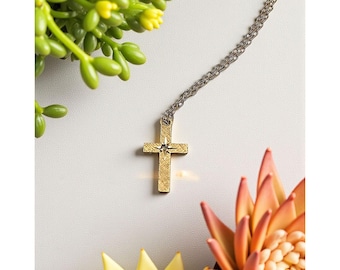 Vintage Star engraved Forevermark Grade M Tiny Diamond center Cross 10Kt Yellow Gold Necklace