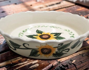 vintage abc distributing heavy ceramic 9" Sunflower pattern dish 2" deep.