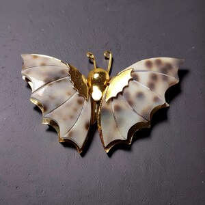 May include: A butterfly brooch featuring a polished gold-tone metal body and antennae. The wings are crafted from translucent, off-white material with dark brown spots and radiating lines, accented by scalloped gold-tone metal edges.