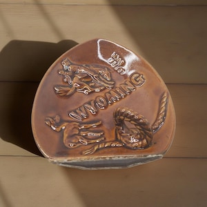 Vintage Wyoming Cowboy Ceramic Ashtray With Rope & Horse Design