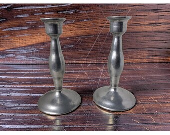 Antique Early 1900s Pair Heavy Pewter Candlestick Holders