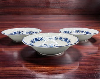 vintage 1970s set of 3 hankook seine blue porcelain floral design 7" desert/salad bowls