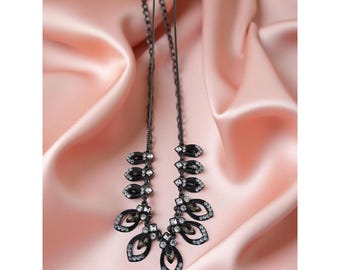 Vintage Black,Grey Metal Teardrop Shape Clear,Brown Glass Chrystals Necklace