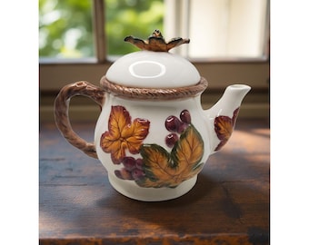 Vintage Bico China Ceramic Teapot With Autumn Leaves & Grapes Design