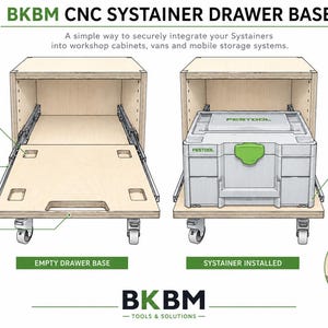 May include: BKBM CNC Systainer Drawer Base with precision-milled recesses, full-extension drawer slides, and a front pull handle. The illustration shows an empty wooden drawer base and a base with a Festool Systainer installed on wheels.