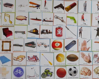 Lot of 84 French Words with Pictures. Paper Squares. 2-1/2" Per Side. Music Instruments, Sports, Transportation, Professions. Learning Tool.