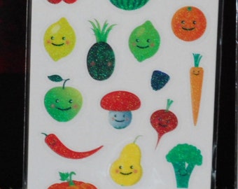 Stickers. 1 Sealed Big Sheet.  Sandylion. Acid Free.  Sparkly Cute Fruits and Vegetables. Rare. Kawaii. 19 Individual Stickers. Ages 8+.