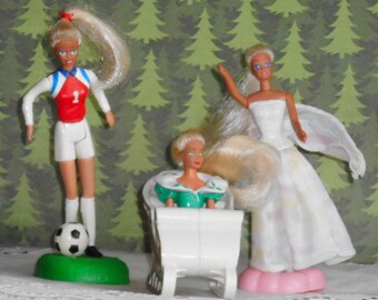 Lot of 3 Vintage Barbie Dolls. 1995, 1996 and 1999. 5" ( 12.5 cm ). Soccer Player, Christmas Sled and Winged Dress. Mattel and McDonalds.