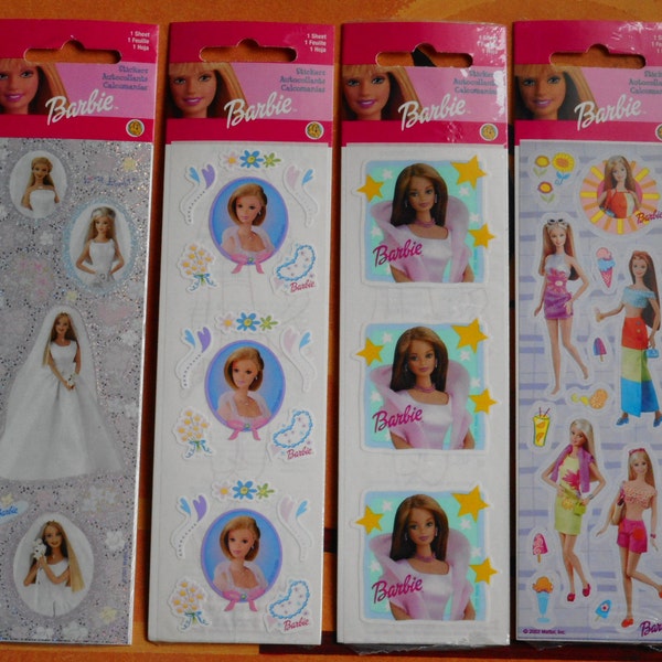 Lote de 4 hojas selladas. Pegatinas Barbie vintage. Verano, Estrella elegante, Bonita en rosa y novia. 1 Hoja en cada paquete. Sandylion