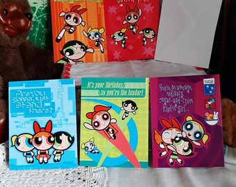 Rare Set of 5 Birthday Cards. Powerpuff Girls. Made in USA by American Greetings. Coloring and Cut Outs in Every Card. With White Envelopes.