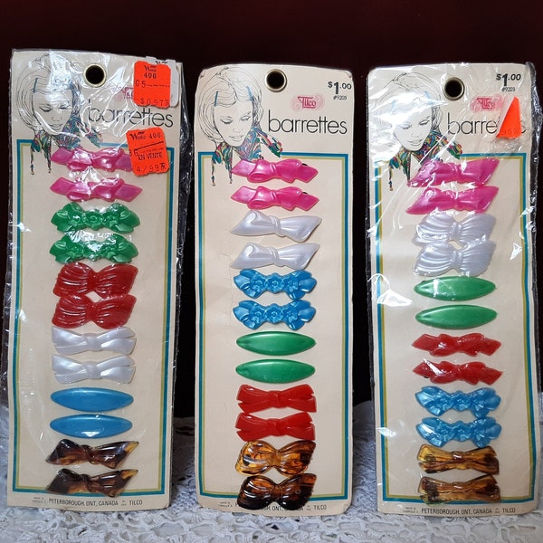 Your Choice. Vintage Package With 12  Hair Clips. Fun Colors. Celluloid With Metal Bottom. Made in Canada.