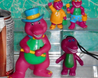 Vintage Lot of 4 Barney figures. Rubber Toy, PVC Hanging Decoration Figure and 2 PVC Small Toys. In Played Condition.