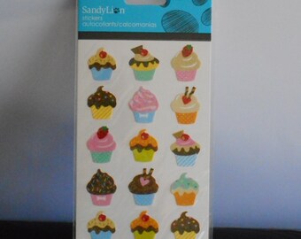 Acid Free, Sandylion, Unopened Sticker Sheet. Cupcakes. Glittery Stickers. 15 Individual Stickers. Never Opened. Big Sheet.