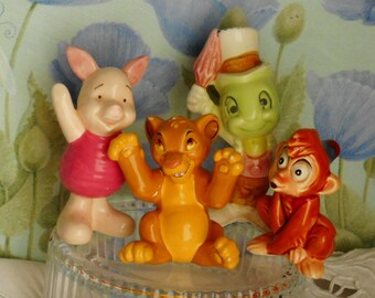 Vintage Disney Lot of 4 Figurines. Glazed Ceramic. Simba, Piglet, Abu and Jiminy Cricket. 3 Marked Japan. Very Old Jiminy is Unmarked.