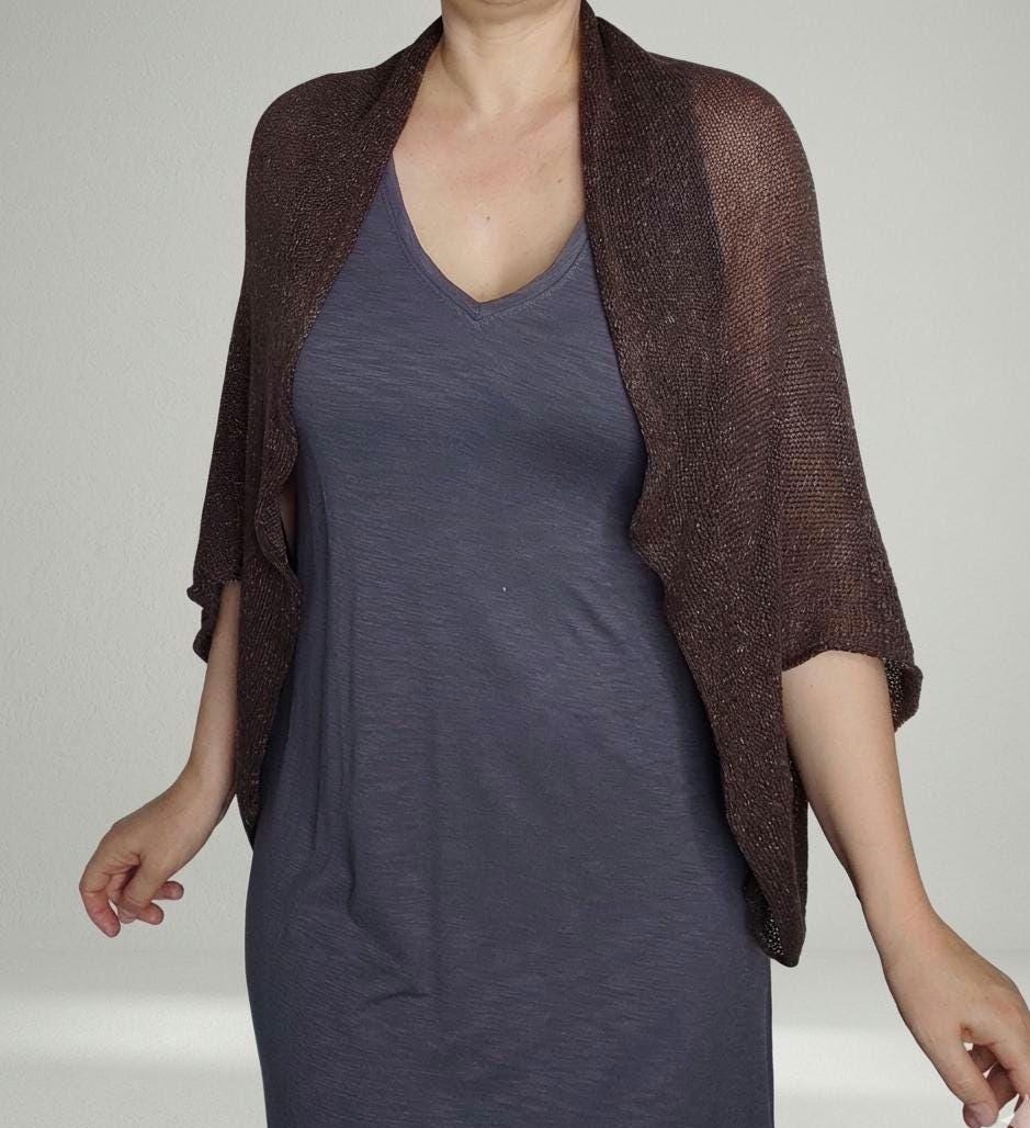 Brown Linen Tweed Shrug, Handknit Cocoon Cardigan, Summer Bolero Wrap