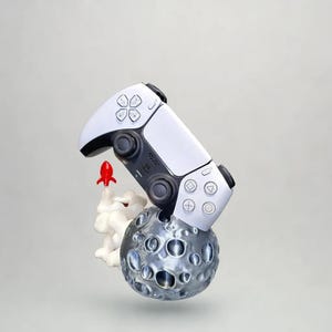 May include: A white and black video game controller rests on a silver moon with craters. A small red rocket is launching from the moon, with white smoke billowing below. The controller has various buttons and directional pads.