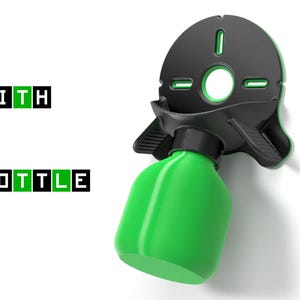 May include: A black and green bottle holder with a green bottle. The holder has a circular design with a central hole and several smaller openings. The text "WITH A BOTTLE" is displayed in green and black block letters.