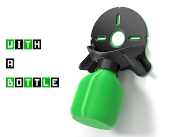 May include: A black and green bottle holder with a green bottle. The holder has a circular design with a central hole and several smaller openings. The text "WITH A BOTTLE" is displayed in green and black block letters.