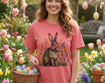 Happy Easter Bunny Floral Illustration T-Shirt | Comfort Colors Retro Design Christian Tee