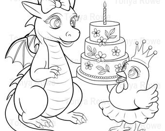 Birthday Besties, hand drawn dragon and chick birthday coloring page, single page PDF download, based on the card I made in the 2nd image