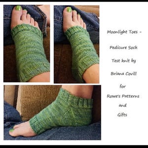 May include: Three images of green knitted pedicure socks, with the text "Moonlight Toes - Pedicure Sock Test knit by Briana Covill for Rowe's Patterns and Gifts". The socks are worn on feet.