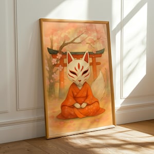 Kitsune Poster, Japanese Fox Print, Kitsune Home Decor, Japanese Art, Japandi Wall Art, Digital Art Fox Gift, 16x20 Digital Print, Wabi Sabi
