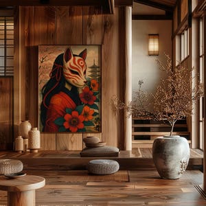 Kitsune Poster, Geisha Mask, Japanese Fox Print, Kitsune Home Decor, Japanese Art, Japandi Wall Art, Wabi Sabi Wall Art, 16x20 Digital Print