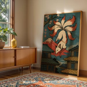 Kitsune Poster, Japanese Fox Print, Kitsune Home Decor, Japanese Art, Japandi Wall Art, Digital Art Fox Gift, 16x20 Digital Print, Wabi Sabi