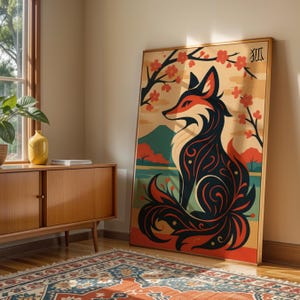 Kitsune Poster, Japanese Fox Print, Kitsune Home Decor, Japanese Art, Japandi Wall Art, Digital Art Fox Gift, 16x20 Digital Print, Wabi Sabi