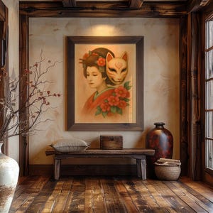 Kitsune Poster, Geisha Mask, Japanese Fox Print, Kitsune Home Decor, Japanese Art, Japandi Wall Art, Wabi Sabi Wall Art, 16x20 Digital Print
