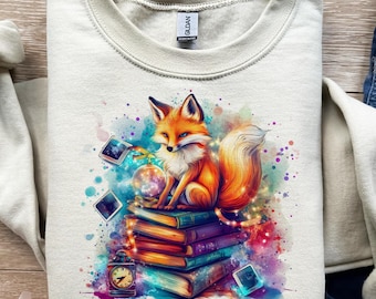 Zorro lector, Erudito del bosque, Libro apilado, Reloj vintage, PNG, SVG, Diseño de camiseta, Sublimación, DTF, Animal inteligente, Arte de la sabiduría, Compañero de estudio, Imagen salvaje