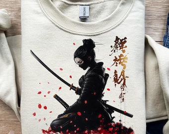 Mujer samurái, guerrero enmascarado, espada katana, diseño de camiseta, png, svg, sublimación, dtf, ronin japonés, pétalos de cerezo, impresión gráfica, arte japonés, tinta