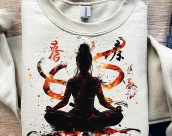Mujer meditando, espíritu del fuego zen, silueta de yoga, diseño de camiseta, png, svg, sublimación, dtf, alma pacífica, energía interior, aura de llamas, arte budista
