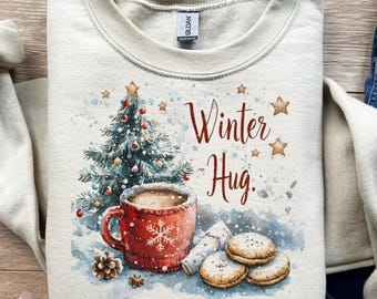 Abrazo invernal, taza acogedora, galleta navideña, árbol de Navidad, chocolate caliente, escena vintage, nevada suave, diseño de camiseta, listo para usar, sublimación, PNG navideño