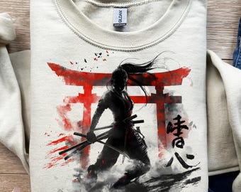Mujer samurái, Puerta torii roja, Arte japonés, Diseño de camiseta, PNG, SVG, Sublimación, DTF, Guerrero katana, Sombra ninja, Gráfico kanji, Impresión gráfica, Tinta
