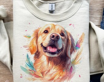 Golden Retriever, perro con plumas, cachorro feliz, diseño de camiseta, png, svg, sublimación, dtf, retrato de mascota, gráfico animal, tinta vibrante, impresión gráfica