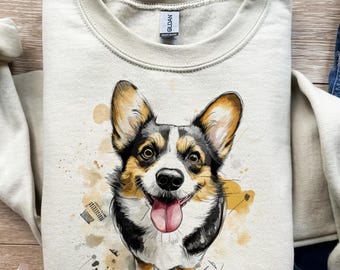 Corgi feliz, hocico juguetón, lengua afuera, cachorro sonriente, tinta suelta, tono de pelaje suave, movimiento de boceto, SVG, PNG, diseño de camiseta, sublimación, DTF