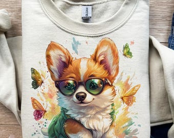 Perro Corgi, Gafas de cachorro, Mariposa, Diseño de camiseta, PNG, SVG, Sublimación, DTF, Animal divertido, Ambiente veraniego, Estampado de primavera, Hora de maullar, Archivo digital