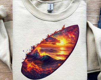 Arte de tabla de surf, ola oceánica, diseño de atardecer, ambiente playero, estilo tropical, diseño de sublimación, diseño de camiseta, descarga digital PNG, DTF