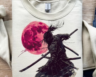 Guerrero samurái, luna de sangre roja, espada japonesa, diseño de camiseta, png, svg, sublimación, dtf, hoja de katana, sombra de ronin, gráfico ninja, impresión gráfica