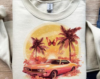 Coche clásico, palmeras, puesta de sol de verano, diseño de camiseta, png, svg, sublimación, dtf, vehículo vintage, estilo retro, ambiente playero, hora dorada, impresión gráfica