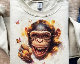 Chimpancé sonriente, mono feliz, sonrisa de la selva, arte de simios, primate brillante, PNG, SVG, sublimación, DTF, diseño de camiseta, estilo urbano, hallazgo único, edición dorada