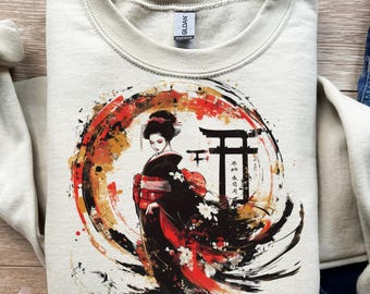 Kimono de geisha, mujer japonesa, arte de puerta torii, diseño de camiseta, png, svg, sublimación, dtf, estilo tradicional, belleza asiática, flor de sakura, estampado floral