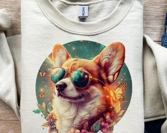 Perro Corgi, Arte con gafas de sol, Diseño de mariposa, Cachorro adorable, Vibras veraniegas, Diseño de sublimación, Diseño de camiseta, Descarga digital PNG, DTF